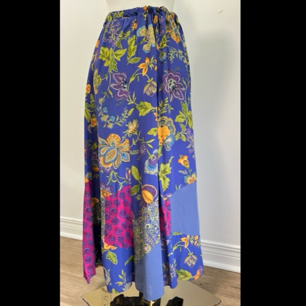 Vintage 90’s Royal Blue Floral + Paisley Patchwork Boho Midi Skirt - Picture 5 of 16